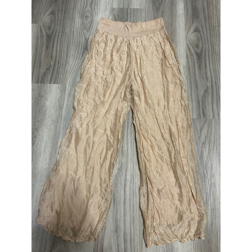 Made in Italy Womens Crinkle Silk Blend Wide Leg Pants small Beige Tan